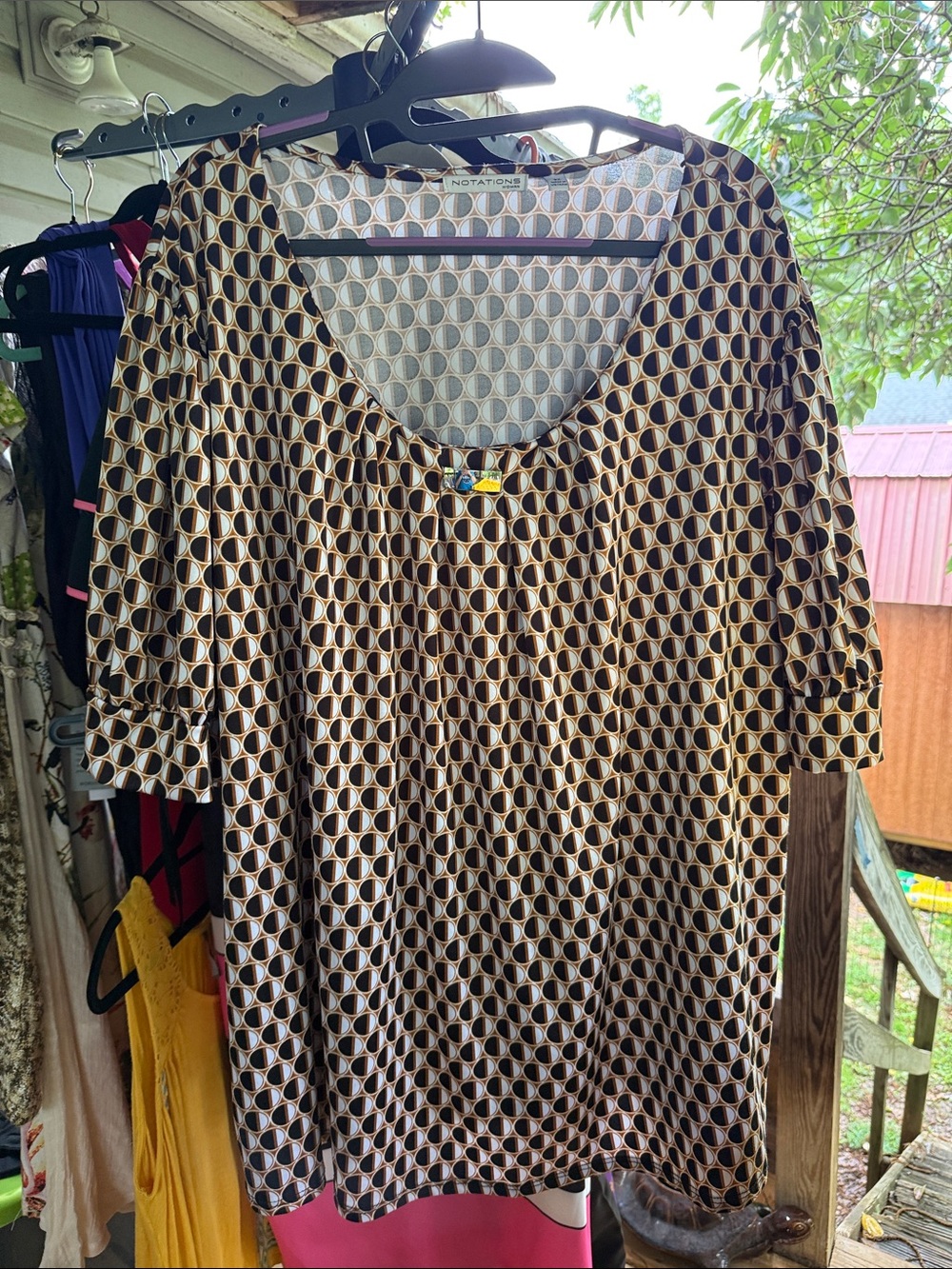 Notations Cream and Brown Geometric Scoop-Neck Tunic 3/4 sleeves